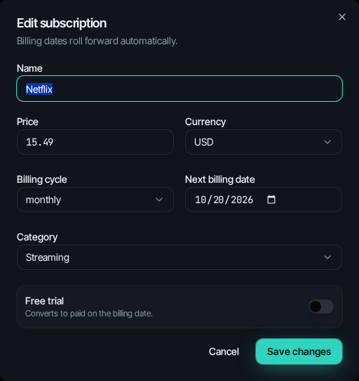 Example subscription details form with price and billing date