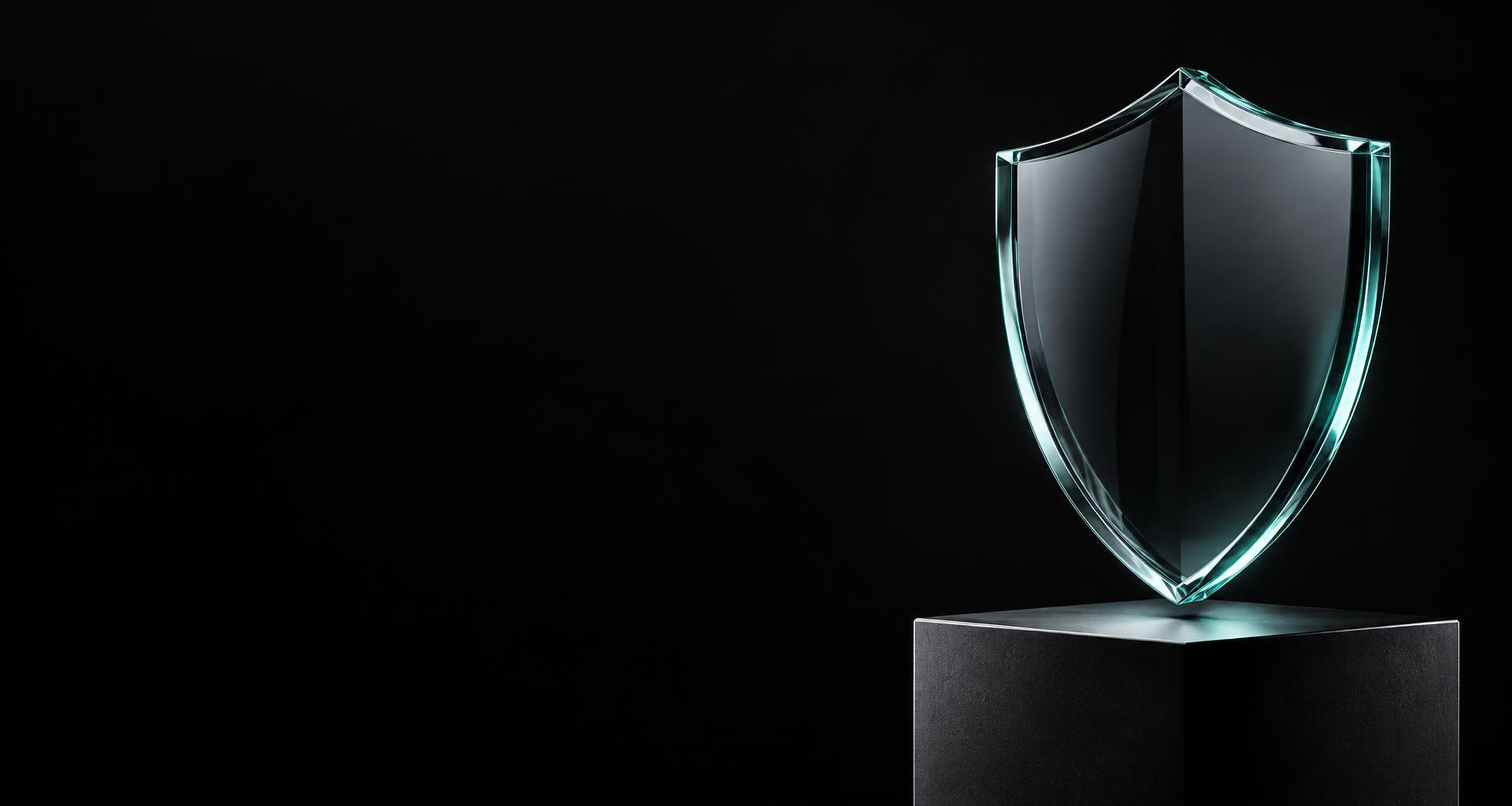 Sculptural glass shield with a teal edge